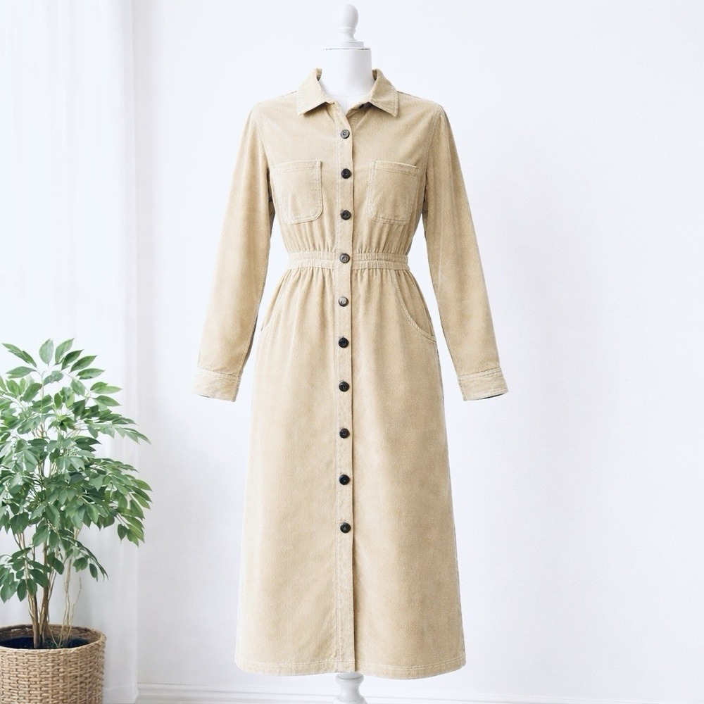J.G. Hook Corduroy Shirt Dress Women's 6P Vintage 90s Y2K Button Front‎ Beige